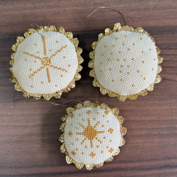 Vintage 1980 Cross-Stitch Christmas Ornaments Set Of 3 Gold Trim Candle Angel Tr - Picture 2 of 9